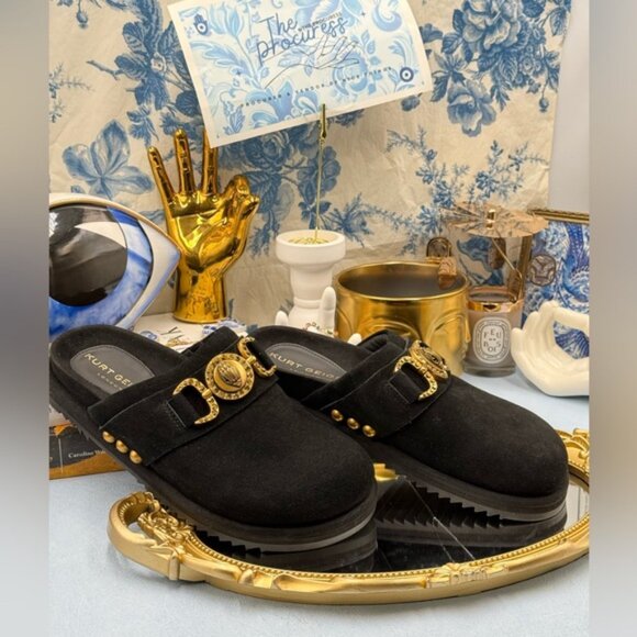 🆕 KURT GEIGER LONDON 🧿 NWOB Kensington Medallion Black Suede Mules, Sz 37 US 7 - Picture 5 of 13